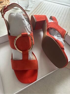 Alfani Orange Suede Block Heel Sandals with Gold Ring Accent